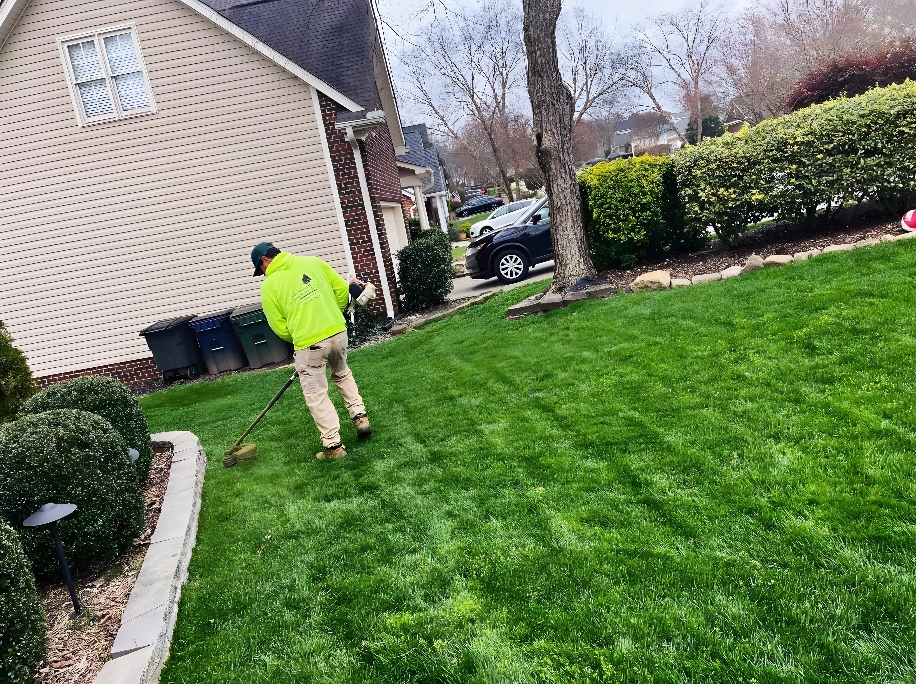 Crew member clearing a walkway with a blower