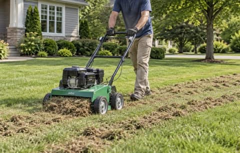 Walk-behind dethatcher pulling rows of thatch out of a lawn