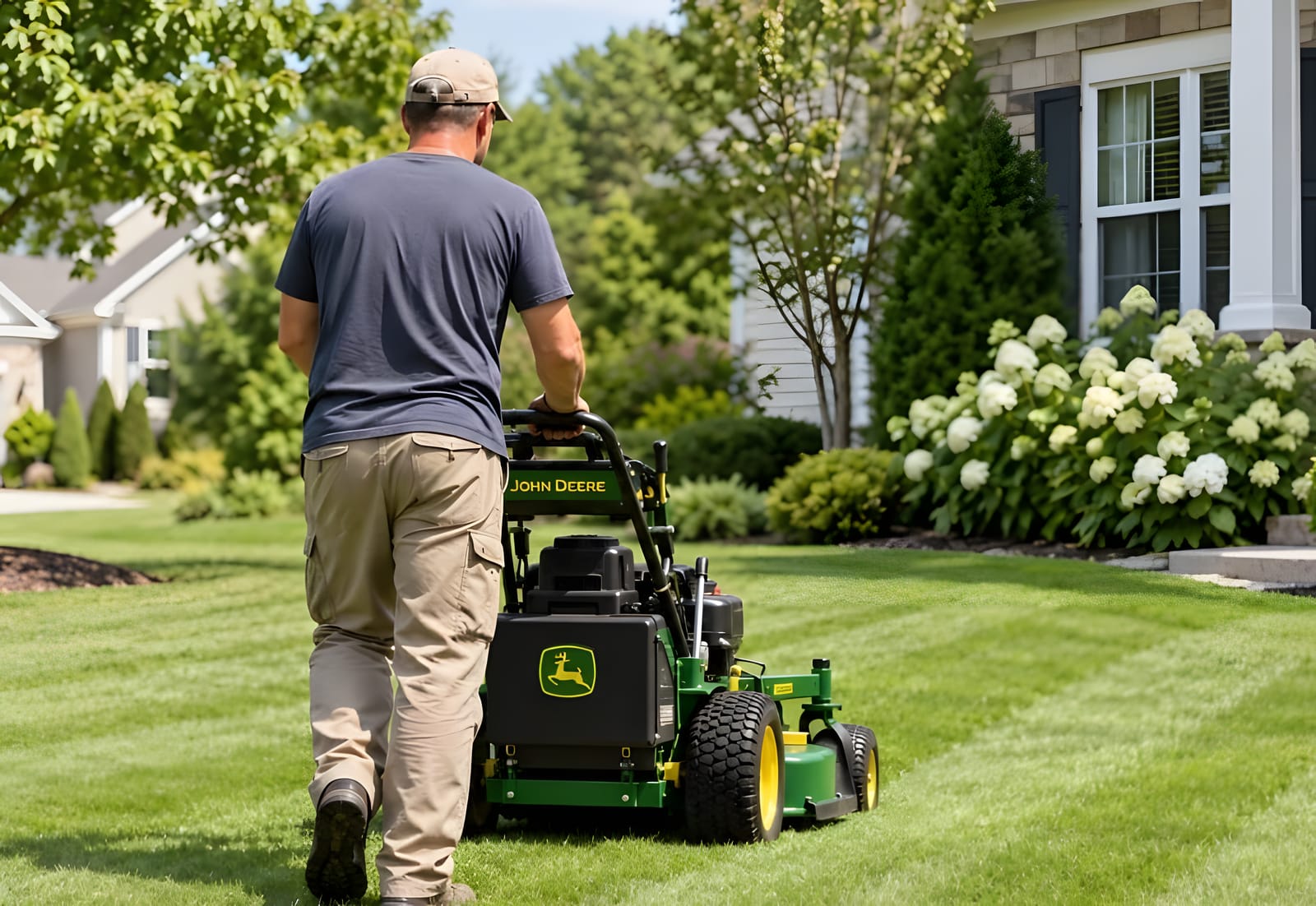 Crew member mowing a striped lawn, seen from behind