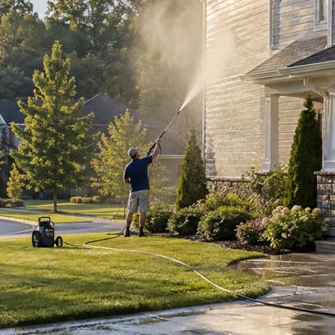 Worker pressure washing house siding above a freshly washed driveway