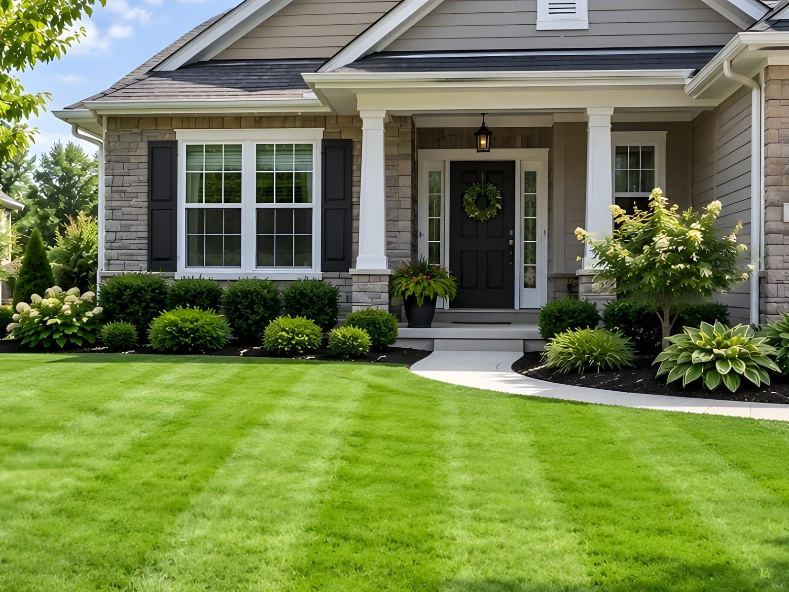 Striped front lawn with trimmed beds along the walk