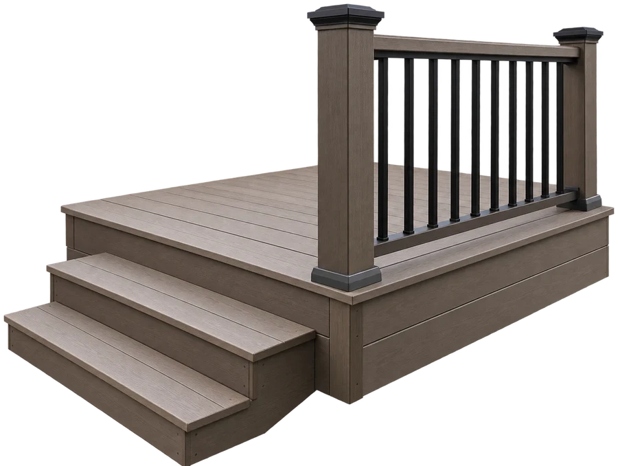 Composite deck corner with black railing and steps