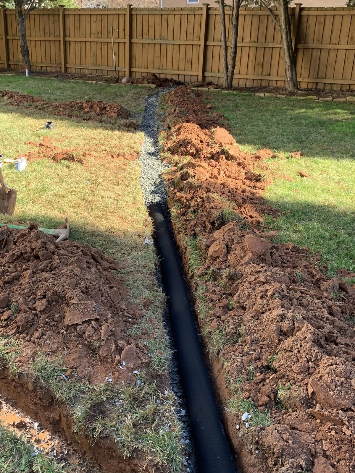 French drain pipe in an open trench