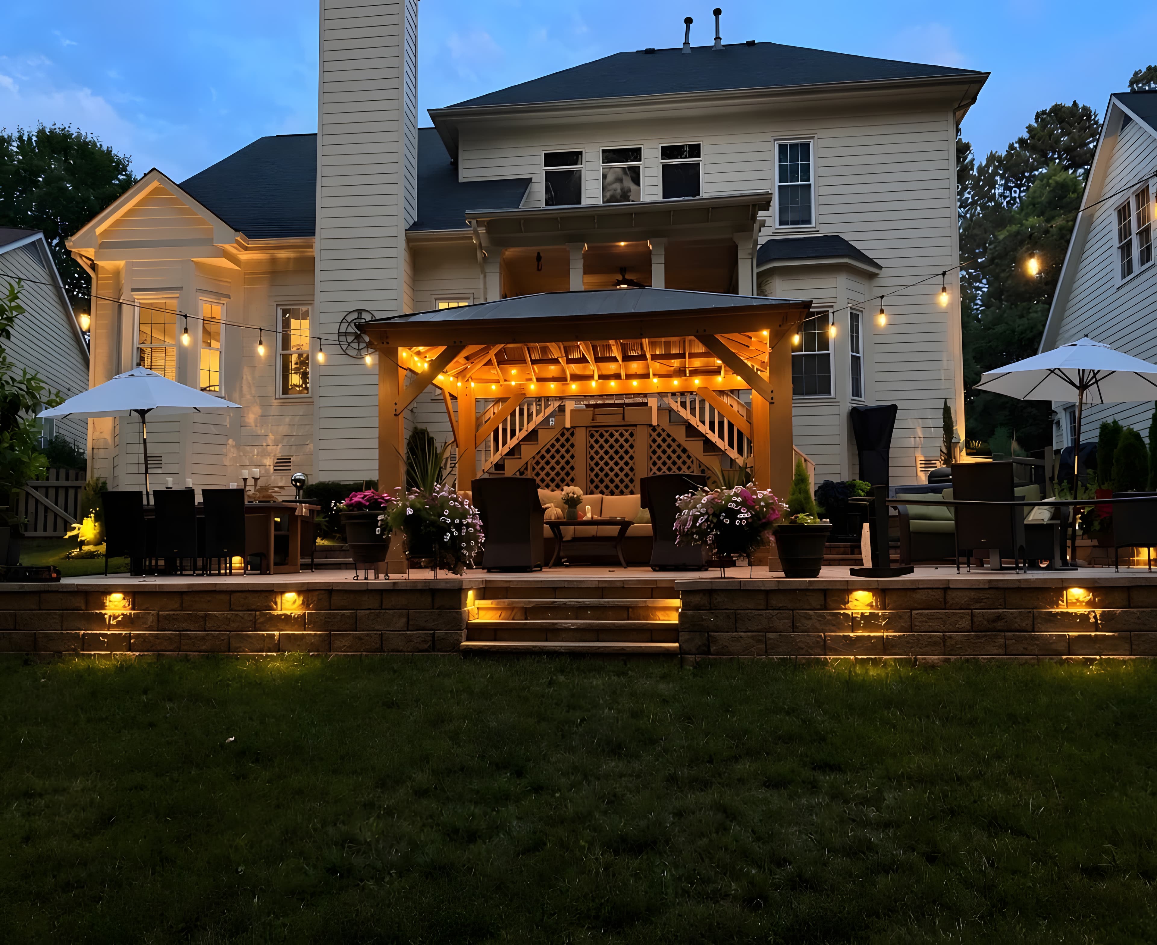 Backyard pergola, lit seat walls and landscape lighting at dusk