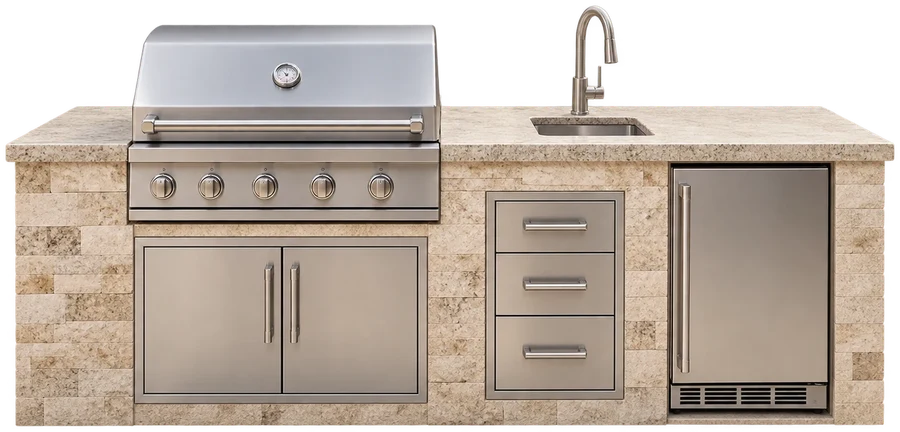 Stacked stone outdoor kitchen island with grill, sink and fridge