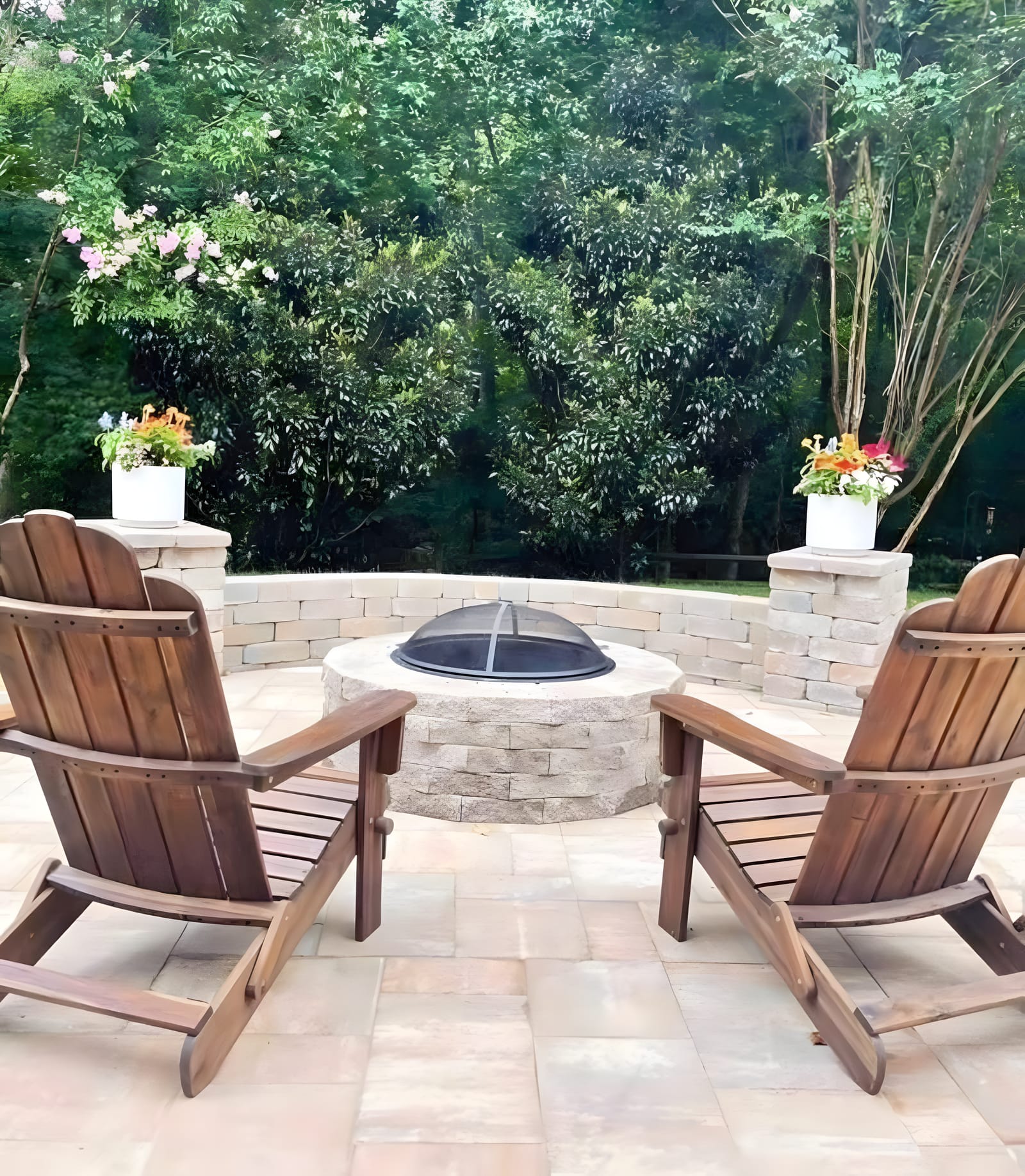 Fire pit patio with chairs pulled up