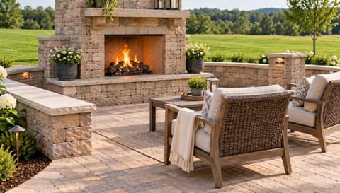 Full-height stone outdoor fireplace with seating walls
