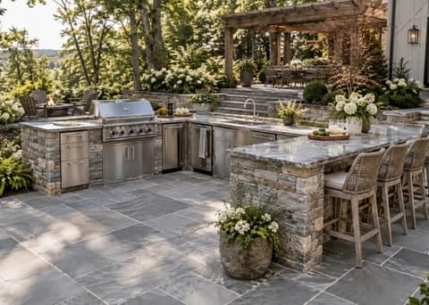 Stone outdoor kitchen with granite counters, bar seating and a built-in grill