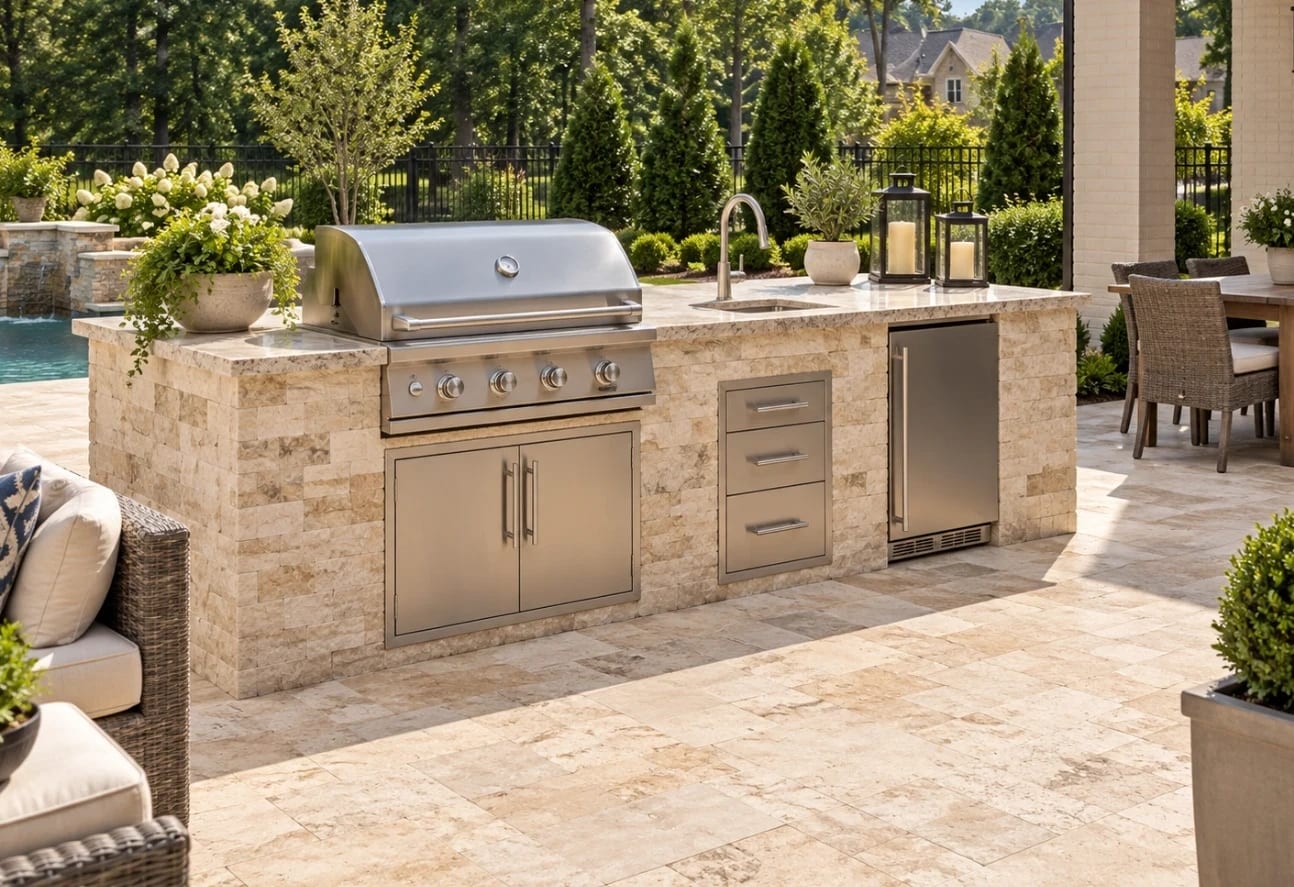 Travertine kitchen island with built-in grill, sink and fridge beside the pool