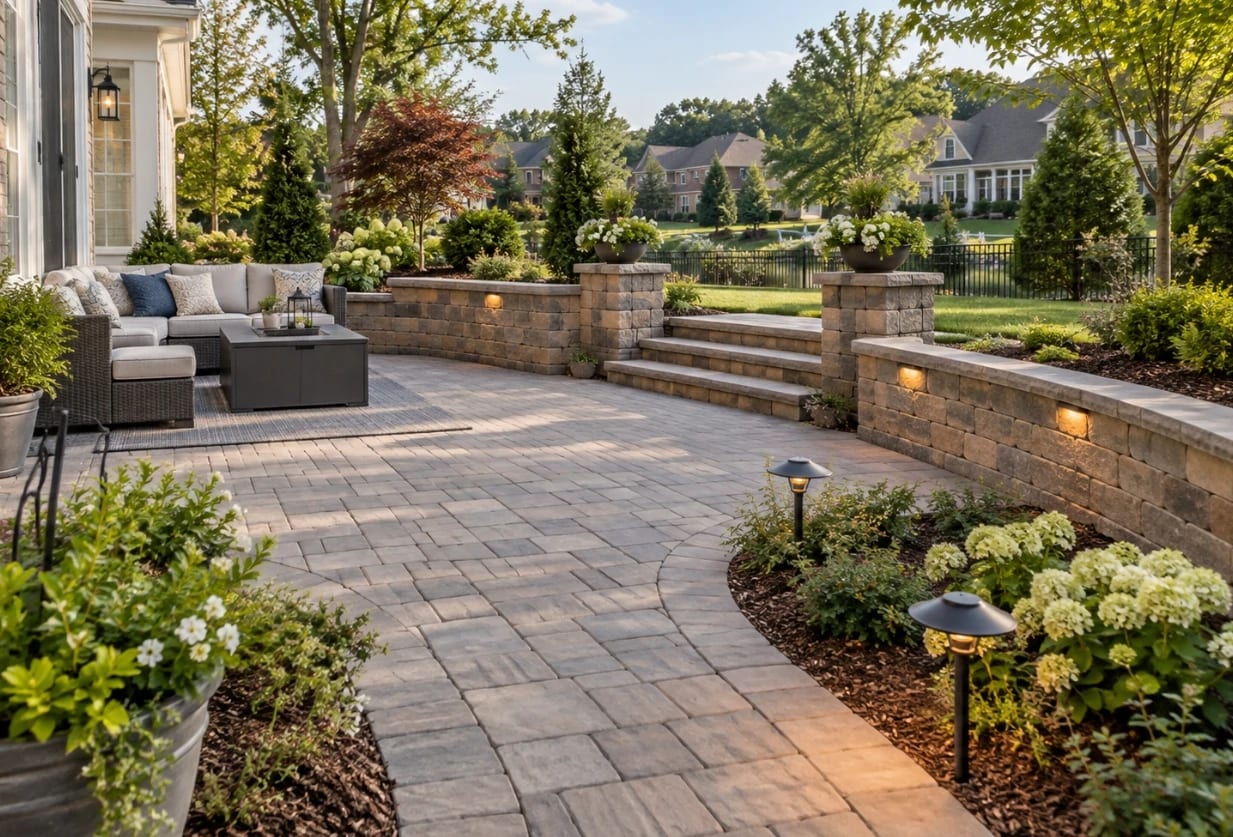 Paver patio with seat walls and path lights in late afternoon