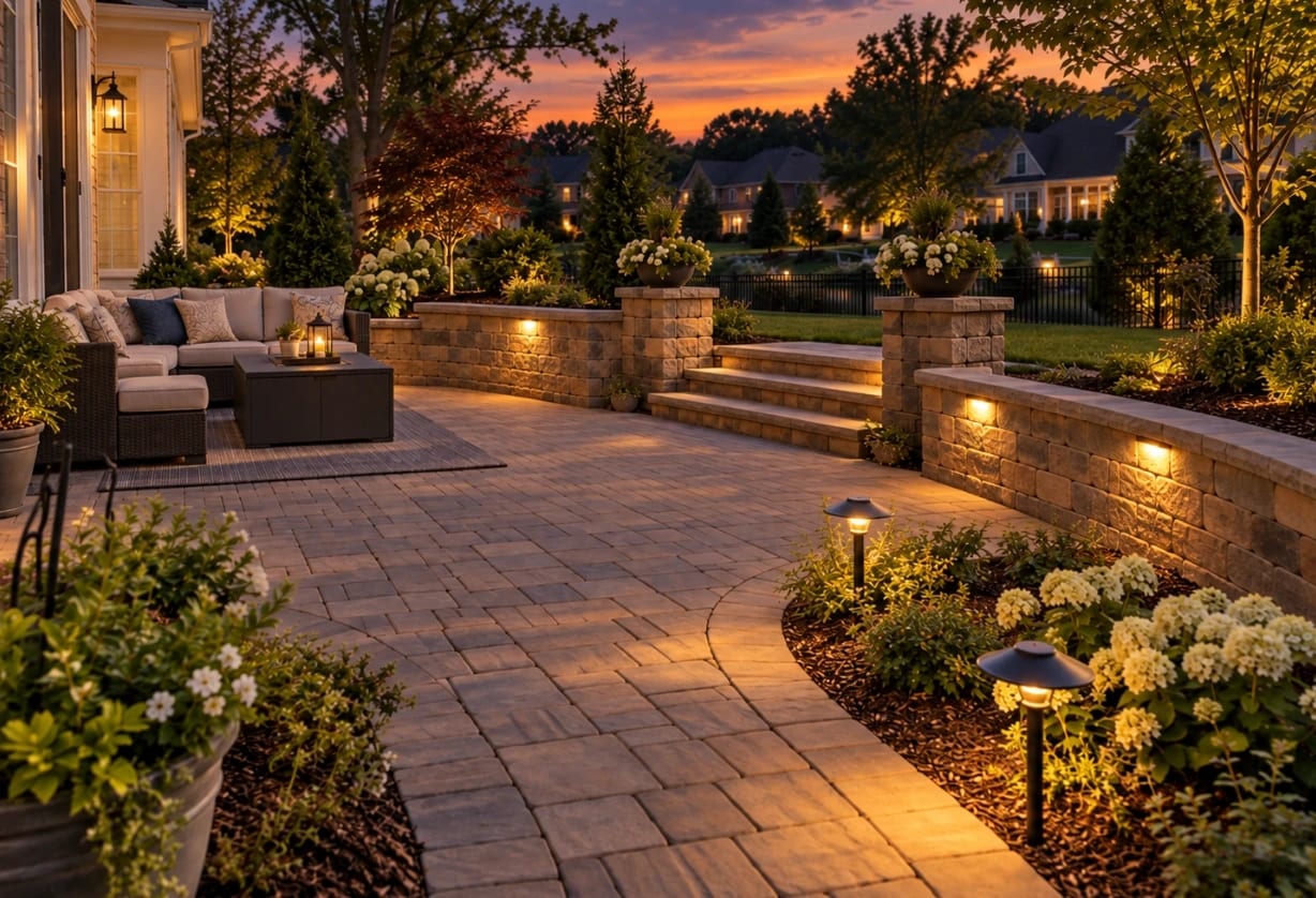 The same patio after sunset with the hardscape and path lighting on
