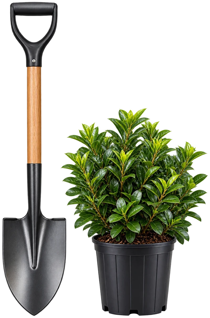 Spade and a potted laurel shrub ready for planting