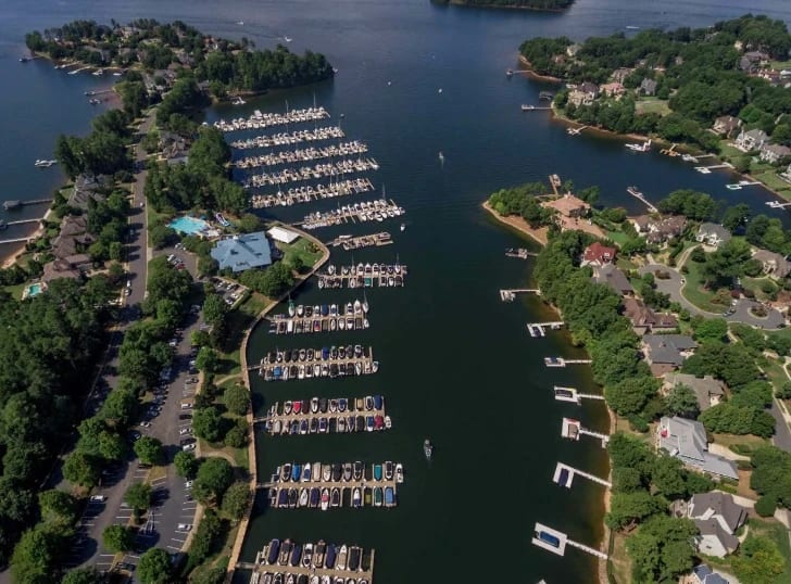 Aerial view of a Lake Norman marina in Cornelius